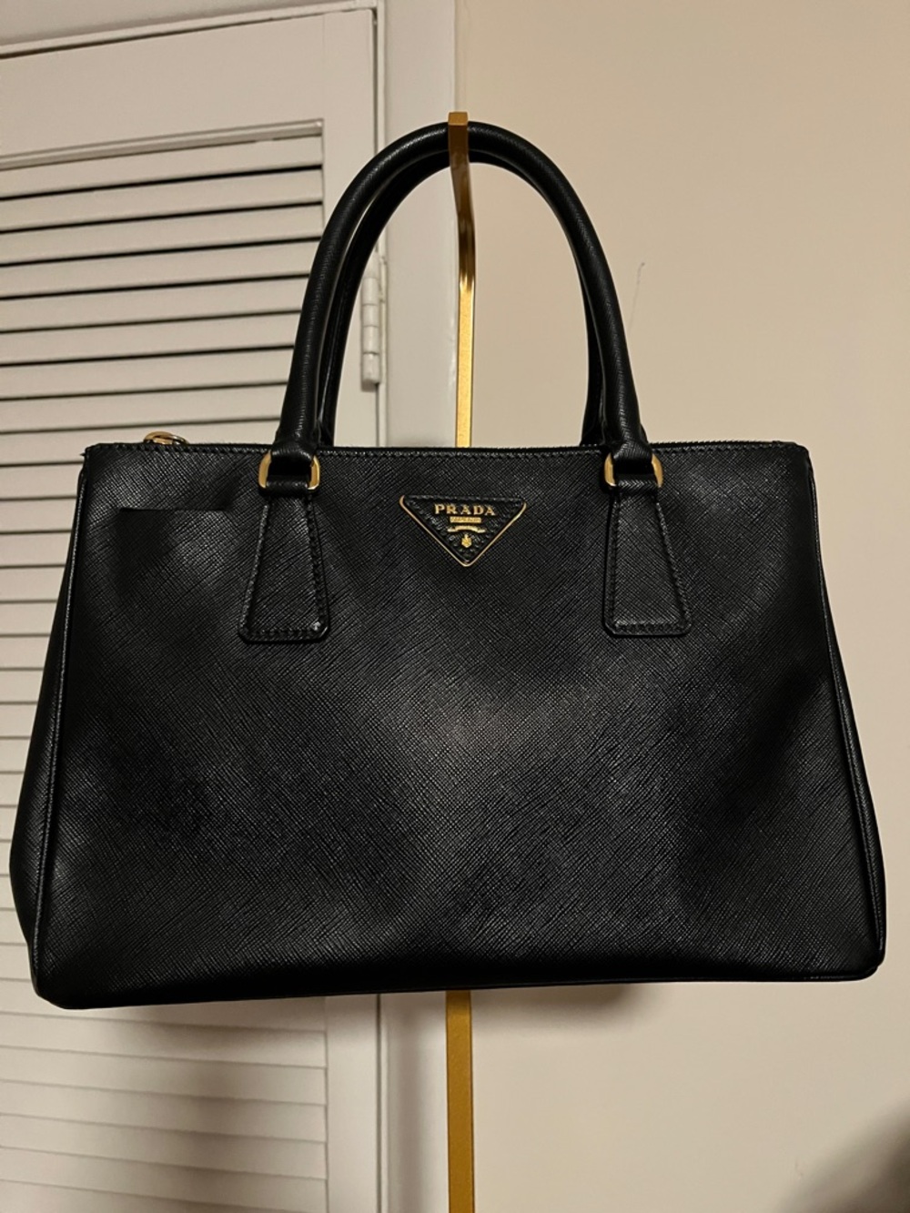 Prada Black Saffiano Leather Structured Satchel with Gold Hardware